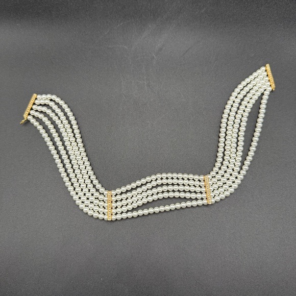 Multi-Strand Faux Pearl Choker with Rhinestone Accents - Wedding Necklace - Picture 12 of 15